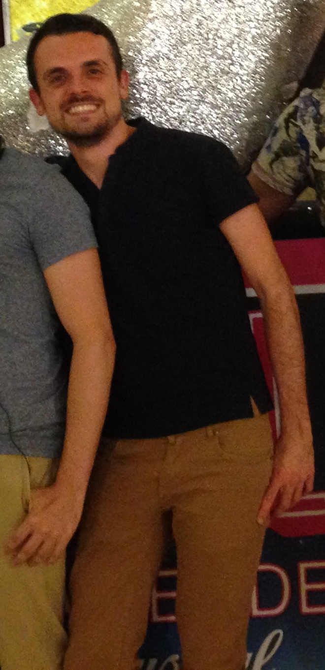 Stefano Anelli with friends after seeing Priscilla, Queen of the Desert at Teatro Manzoni in Milan, 2015